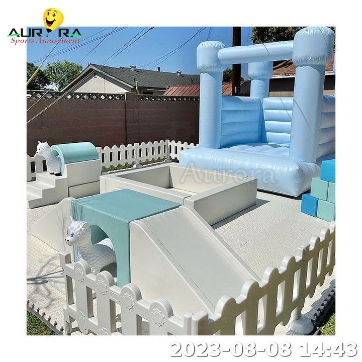 Blue Inflatable Bouncer Soft Play Sets Kids Play Park Ball Pit com Slide Outdoor